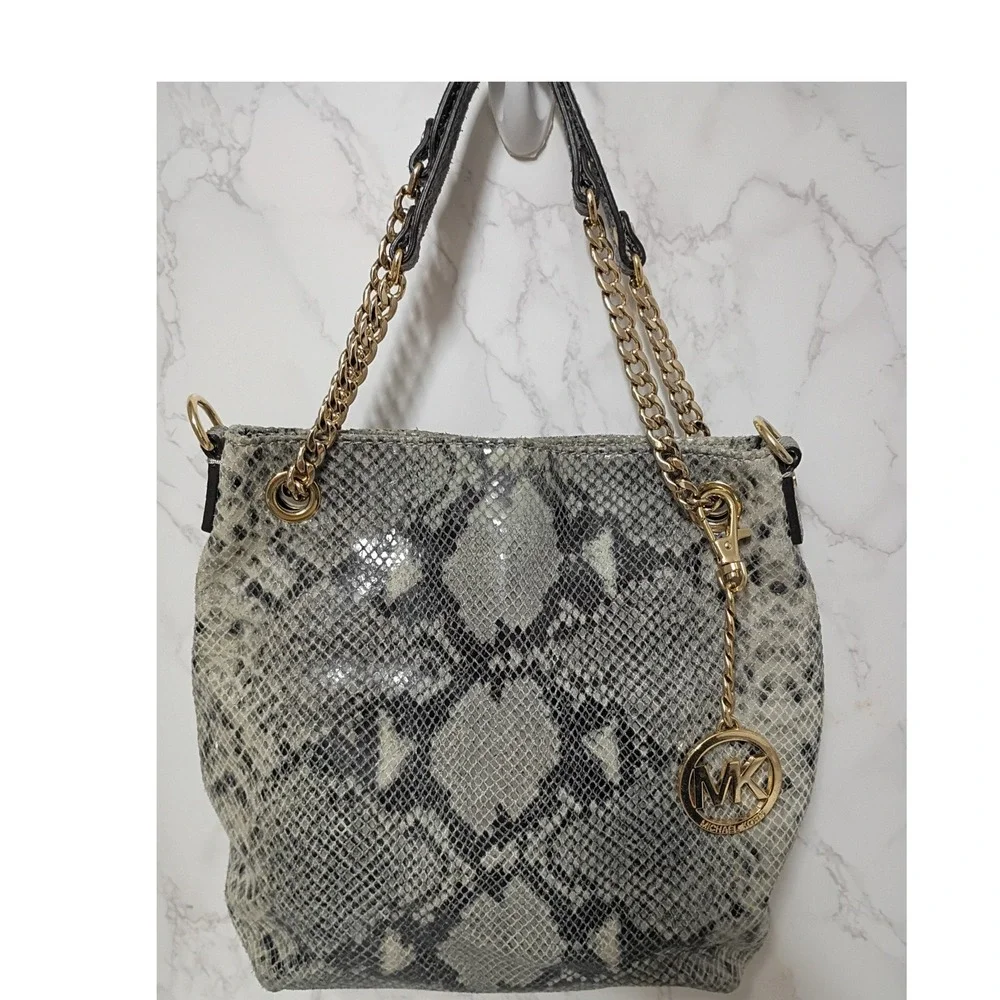 MICHAEL KORS Jet Set Gray Python Embossed Leather Hobo Shoulder/Crossbody Bag